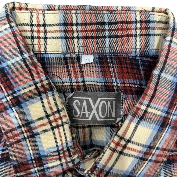 Vintage light weight Saxon Cream, Blue, and Red Plaid Button Down Size Medium - Picture 2 of 5